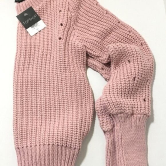 TopShop Womens Pink Cable Chunky Knit Crew Neck Distressed Sweater Sz 6 New - Picture 4 of 9